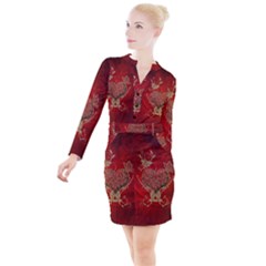 Wonderful Decorative Heart In Gold And Red Button Long Sleeve Dress by FantasyWorld7