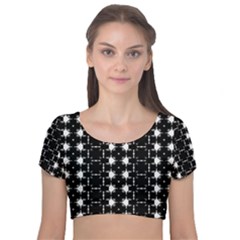Black And White Pattern Velvet Short Sleeve Crop Top  by Simbadda