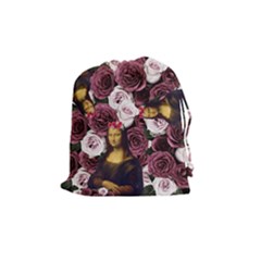 Mona Lisa Floral Black Drawstring Pouch (medium) by snowwhitegirl