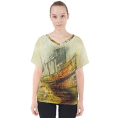 Boat Old Fisherman Mar Ocean V-neck Dolman Drape Top by Simbadda