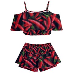 Red Chili Peppers Pattern Kids  Off Shoulder Skirt Bikini by bloomingvinedesign