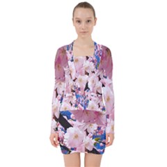 Flower Cherry Wood Tree Flowers V-neck Bodycon Long Sleeve Dress by Sapixe