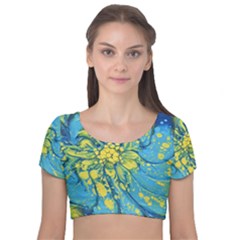 Blue Flower Velvet Short Sleeve Crop Top  by lwdstudio