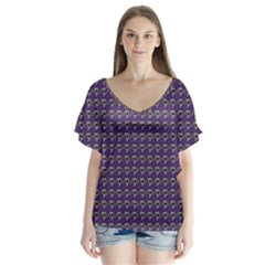 Luv Machine Robot Houndstooth Pattern (purple) V-neck Flutter Sleeve Top by emilyzragz