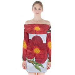 Deep Plumb Blossom Long Sleeve Off Shoulder Dress by lwdstudio