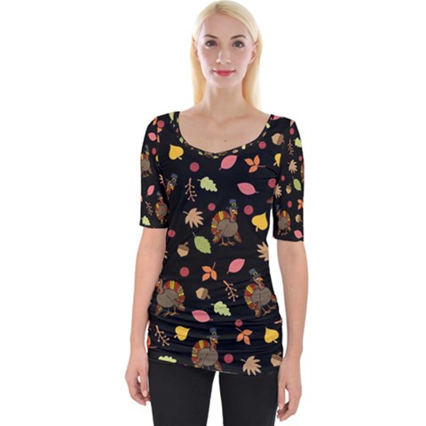 Thanksgiving Turkey Pattern Wide Neckline Tee by Valentinaart