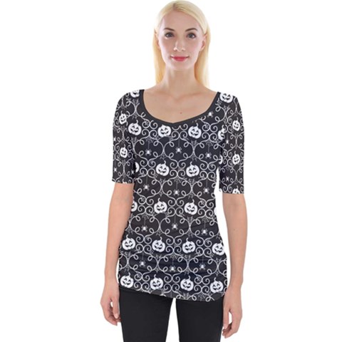 Pattern Pumpkin Spider Vintage Gothic Halloween Black And White Wide Neckline Tee by genx