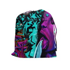 Graffiti Woman And Monsters Turquoise Cyan And Purple Bright Urban Art With Stars Drawstring Pouch (xl) by genx