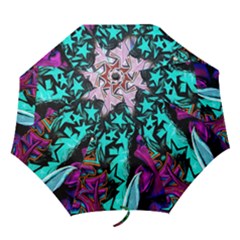 Graffiti Woman And Monsters Turquoise Cyan And Purple Bright Urban Art With Stars Folding Umbrellas by genx