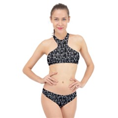 Funny Cat Pattern Organic Style Minimalist On Black Background High Neck Bikini Set by genx