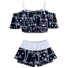 Funny Cat Pattern Organic Style Minimalist On Black Background Kids  Off Shoulder Skirt Bikini by genx
