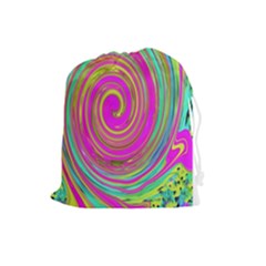 Groovy Abstract Pink, Turquoise And Yellow Swirl Drawstring Pouch (large) by myrubiogarden