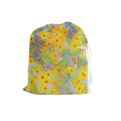 Pretty Yellow And Red Flowers With Turquoise Drawstring Pouch (large) by myrubiogarden