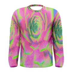 Lime Green And Pink Succulent Sedum Rosette Men s Long Sleeve Tee by myrubiogarden