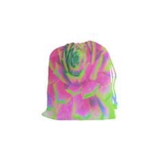 Lime Green And Pink Succulent Sedum Rosette Drawstring Pouch (small) by myrubiogarden