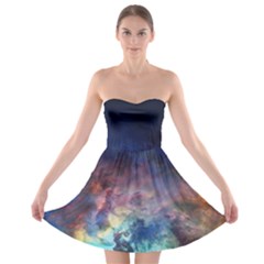 Lagoon Nebula Interstellar Cloud Pastel Pink, Turquoise And Yellow Stars Strapless Bra Top Dress by genx