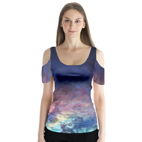 Lagoon Nebula Interstellar Cloud Pastel Pink, Turquoise And Yellow Stars Butterfly Sleeve Cutout Tee  by genx