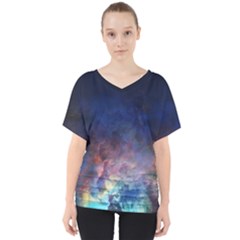 Lagoon Nebula Interstellar Cloud Pastel Pink, Turquoise And Yellow Stars V-neck Dolman Drape Top by genx