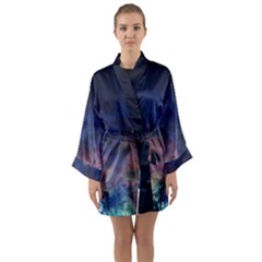 Lagoon Nebula Interstellar Cloud Pastel Pink, Turquoise And Yellow Stars Long Sleeve Kimono Robe by genx
