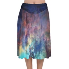 Lagoon Nebula Interstellar Cloud Pastel Pink, Turquoise And Yellow Stars Velvet Flared Midi Skirt by genx