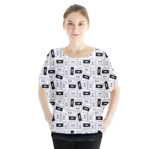 Tape Cassette 80s Retro Genx Pattern Black And White Batwing Chiffon Blouse by genx
