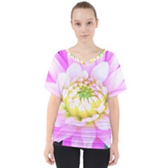 Pretty Pink, White And Yellow Cactus Dahlia Macro V-neck Dolman Drape Top by myrubiogarden