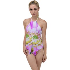 Pretty Pink, White And Yellow Cactus Dahlia Macro Go With The Flow One Piece Swimsuit by myrubiogarden