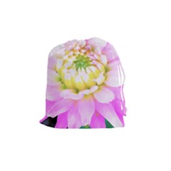 Pretty Pink, White And Yellow Cactus Dahlia Macro Drawstring Pouch (medium) by myrubiogarden