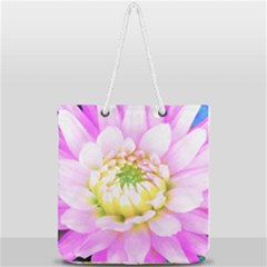 Pretty Pink, White And Yellow Cactus Dahlia Macro Full Print Rope Handle Tote (large) by myrubiogarden