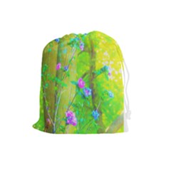 Hot Pink Abstract Rose Of Sharon On Bright Yellow Drawstring Pouch (large) by myrubiogarden