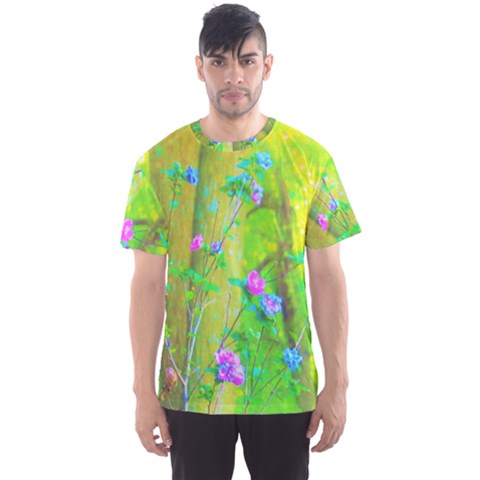 Hot Pink Abstract Rose Of Sharon On Bright Yellow Men s Sports Mesh Tee by myrubiogarden