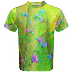 Hot Pink Abstract Rose Of Sharon On Bright Yellow Men s Cotton Tee by myrubiogarden