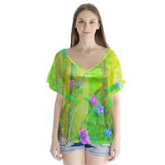 Hot Pink Abstract Rose Of Sharon On Bright Yellow V-neck Flutter Sleeve Top by myrubiogarden