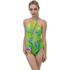 Hot Pink Abstract Rose Of Sharon On Bright Yellow Go With The Flow One Piece Swimsuit by myrubiogarden