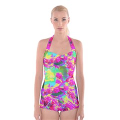 Psychedelic Succulent Sedum Turquoise And Yellow Boyleg Halter Swimsuit  by myrubiogarden