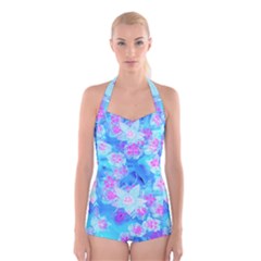 Blue And Hot Pink Succulent Underwater Sedum Boyleg Halter Swimsuit  by myrubiogarden