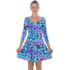 Blue And Hot Pink Succulent Sedum Flowers Detail Quarter Sleeve Skater Dress by myrubiogarden