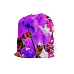 Abstract Ultra Violet Purple Iris On Red And Pink Drawstring Pouch (large) by myrubiogarden