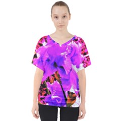 Abstract Ultra Violet Purple Iris On Red And Pink V-neck Dolman Drape Top by myrubiogarden