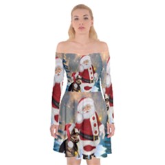 Merry Christmas, Santa Claus With Funny Cockroach In The Night Off Shoulder Skater Dress by FantasyWorld7