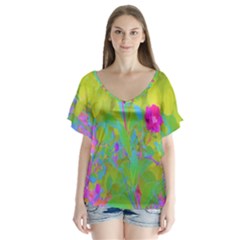 Red Rose With Stunning Golden Yellow Garden Foliage V-neck Flutter Sleeve Top by myrubiogarden