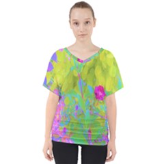 Red Rose With Stunning Golden Yellow Garden Foliage V-neck Dolman Drape Top by myrubiogarden