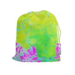 Fluorescent Yellow And Pink Abstract Garden Foliage Drawstring Pouch (xl) by myrubiogarden