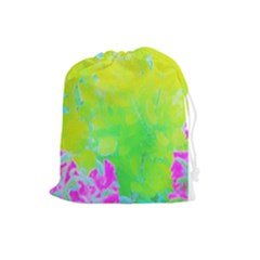 Fluorescent Yellow And Pink Abstract Garden Foliage Drawstring Pouch (large) by myrubiogarden