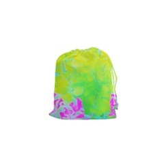 Fluorescent Yellow And Pink Abstract Garden Foliage Drawstring Pouch (xs) by myrubiogarden
