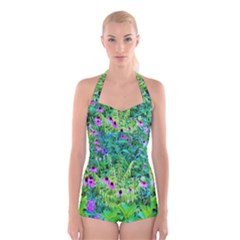 Purple Coneflower Garden With Tiger Eye Tree Boyleg Halter Swimsuit  by myrubiogarden