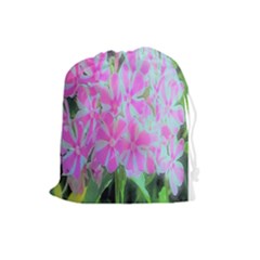 Hot Pink And White Peppermint Twist Garden Phlox Drawstring Pouch (large) by myrubiogarden