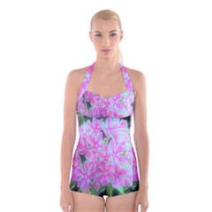 Hot Pink And White Peppermint Twist Garden Phlox Boyleg Halter Swimsuit  by myrubiogarden