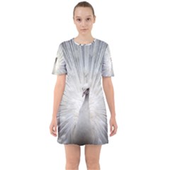 Peacock White Bird Nature Sixties Short Sleeve Mini Dress by Wegoenart