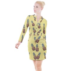 Pineapples Fruit Pattern Texture Button Long Sleeve Dress by Simbadda